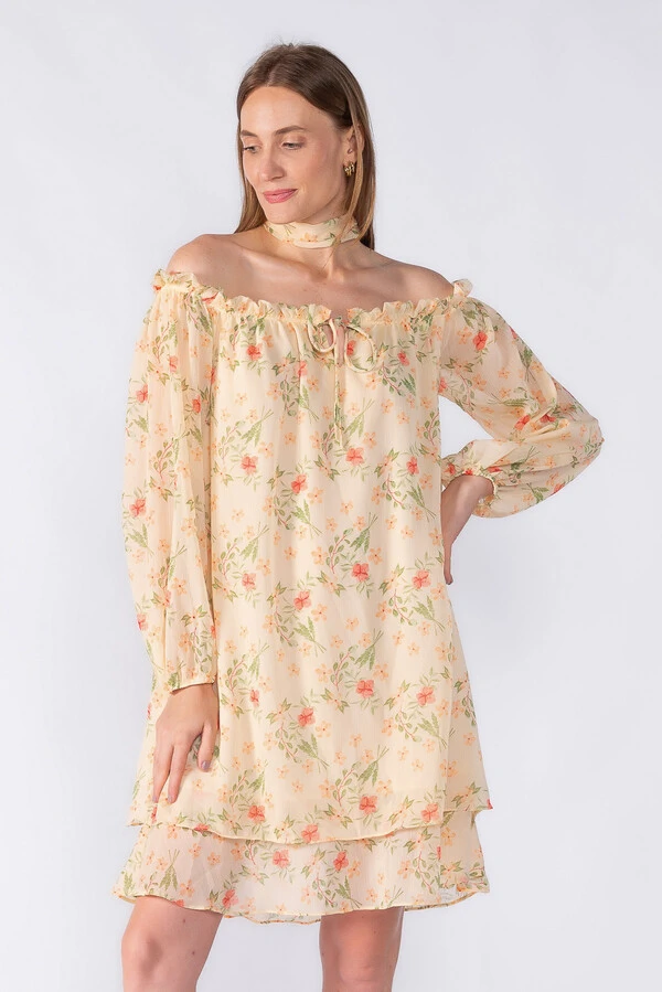 Vestido curto ombro a ombro em chiffon