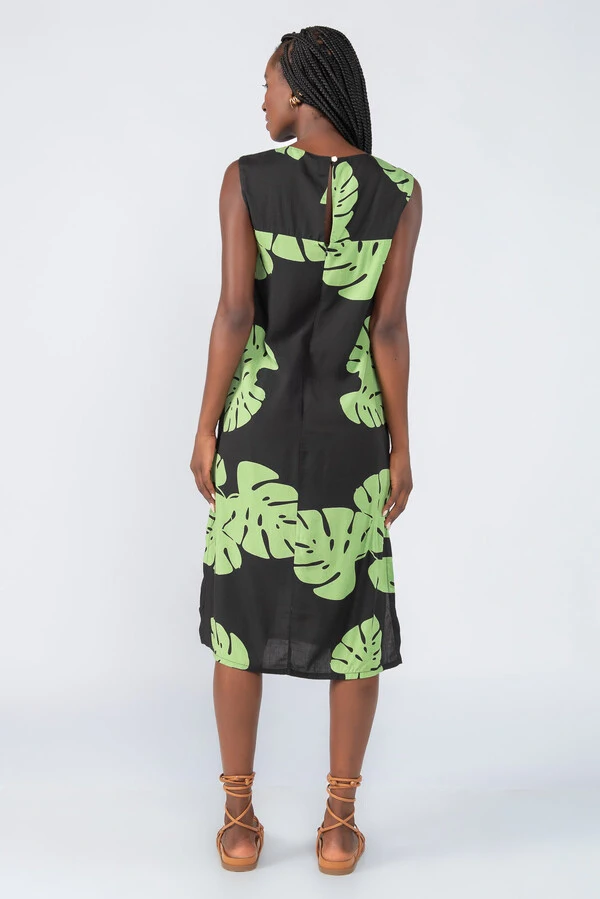Vestido midi em viscose estampa tropical