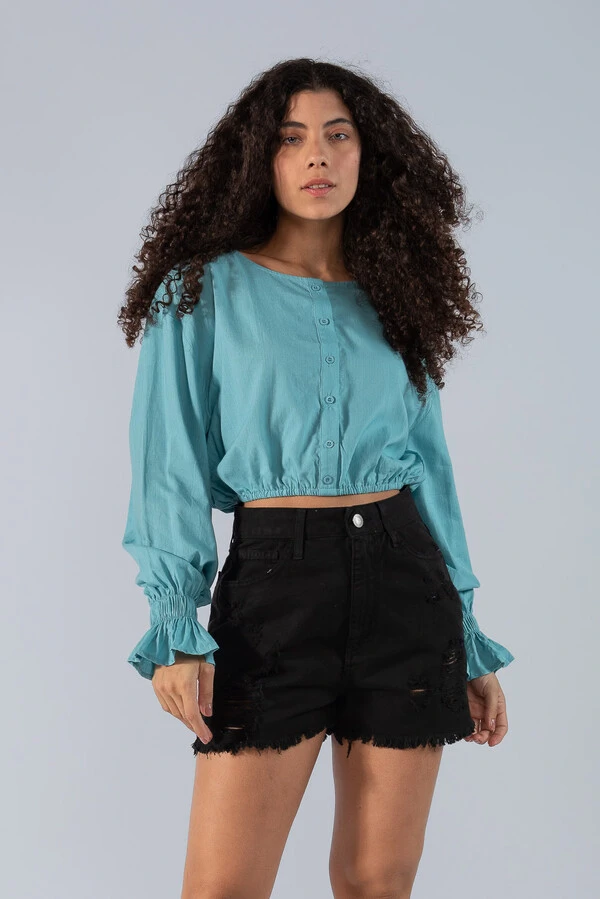 Blusa curta em viscose com elastico na barra e punho