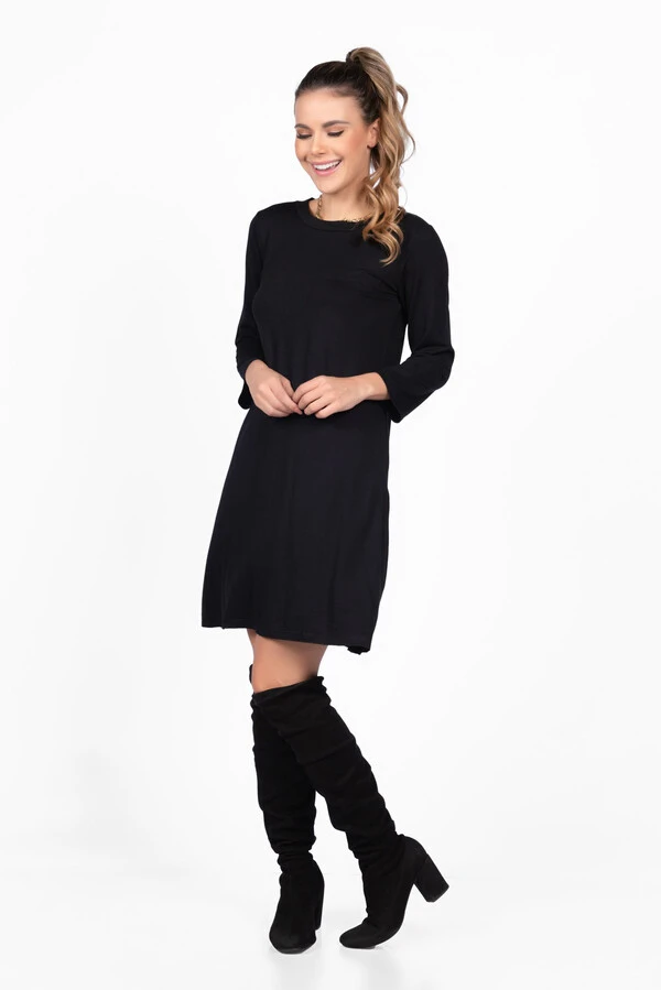Vestido malha com bolsos manga 3/4