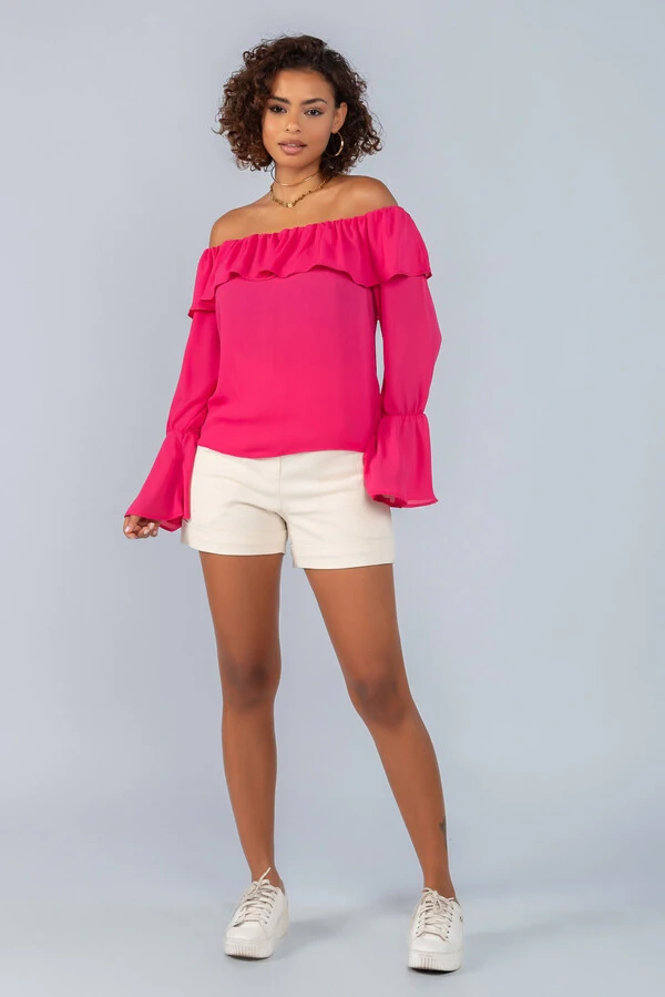 Blusa em crepe manga longa ombro a ombro
