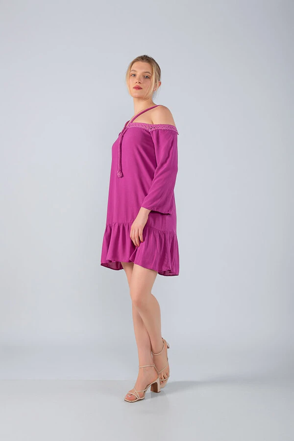 Vestido curto solto em vicose cordao ombro a ombro