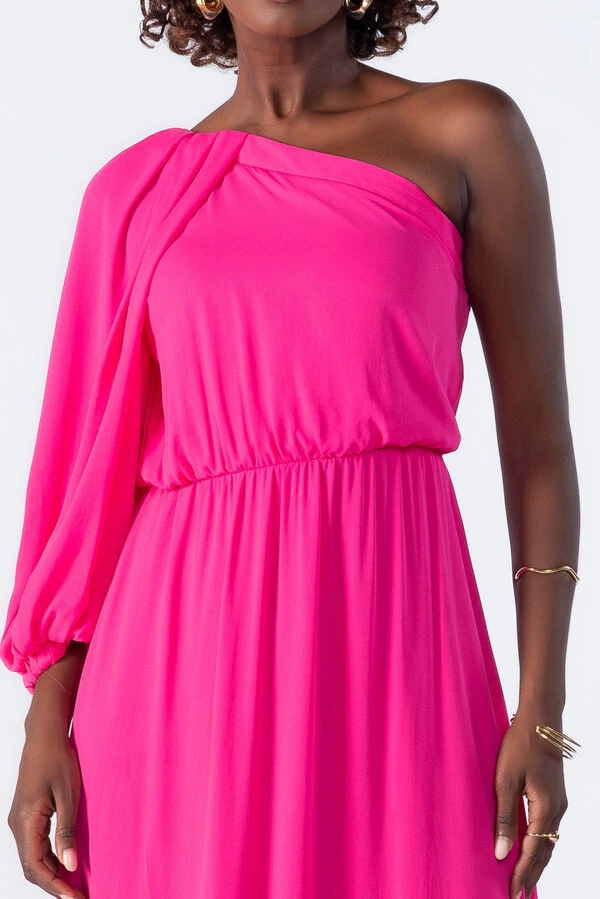Vestido longo um ombro com babado