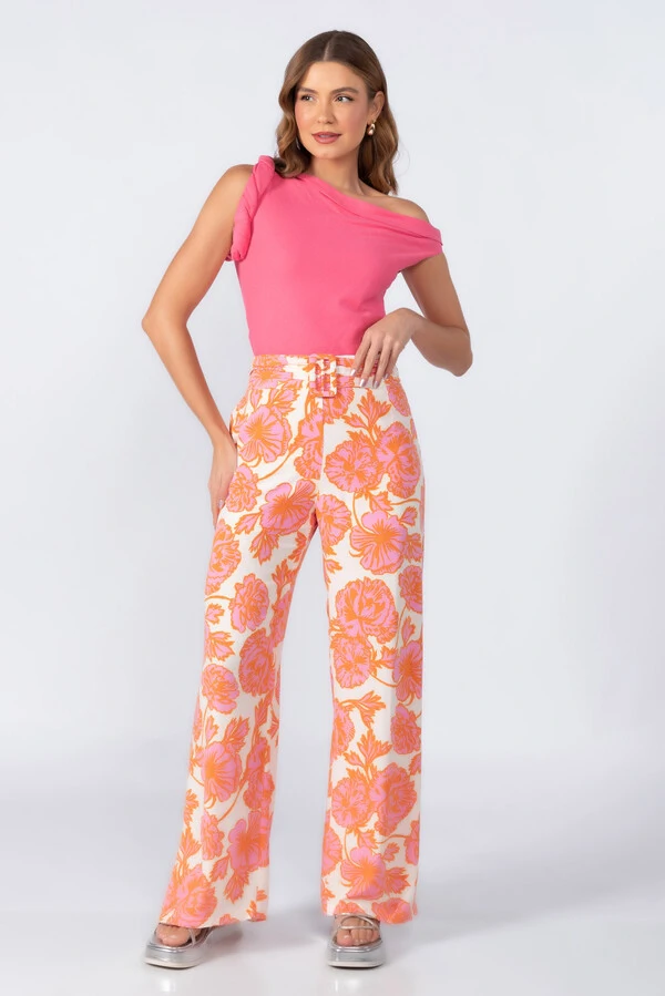 Calca pantalona em viscose com ziper