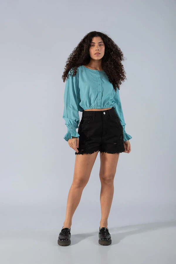 Blusa curta em viscose com elastico na barra e punho