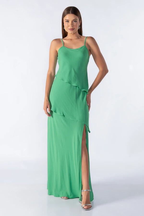 Vestido longo de alca com babados