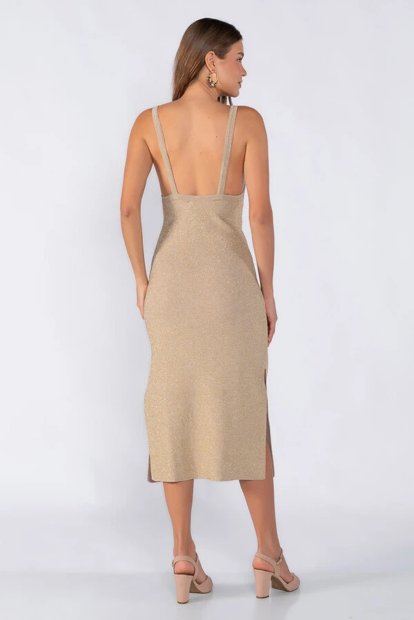 Vestido decote V alça em lurex