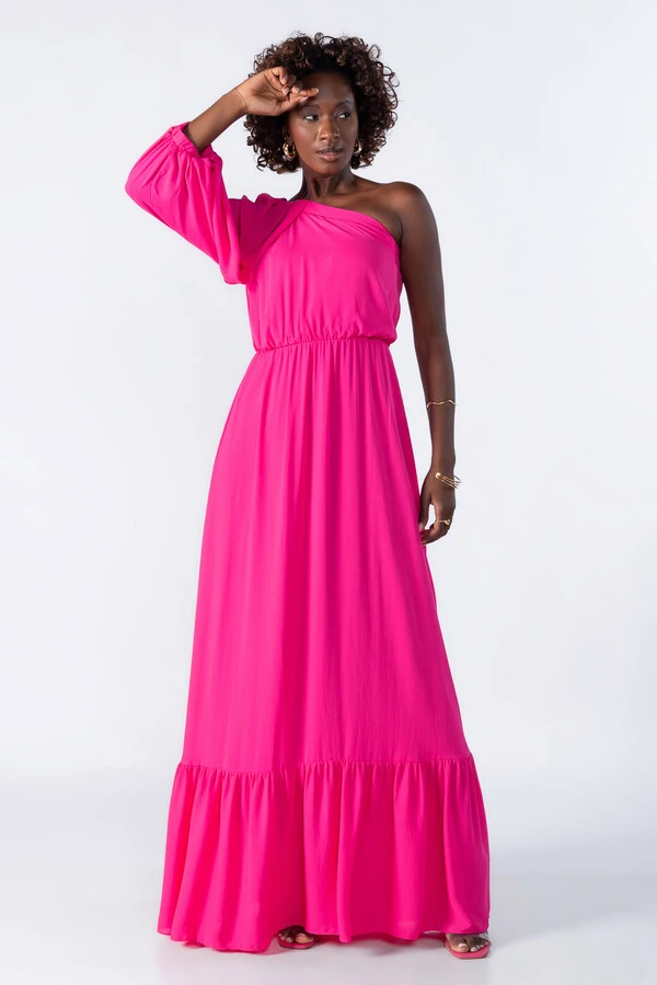 Vestido longo um ombro com babado