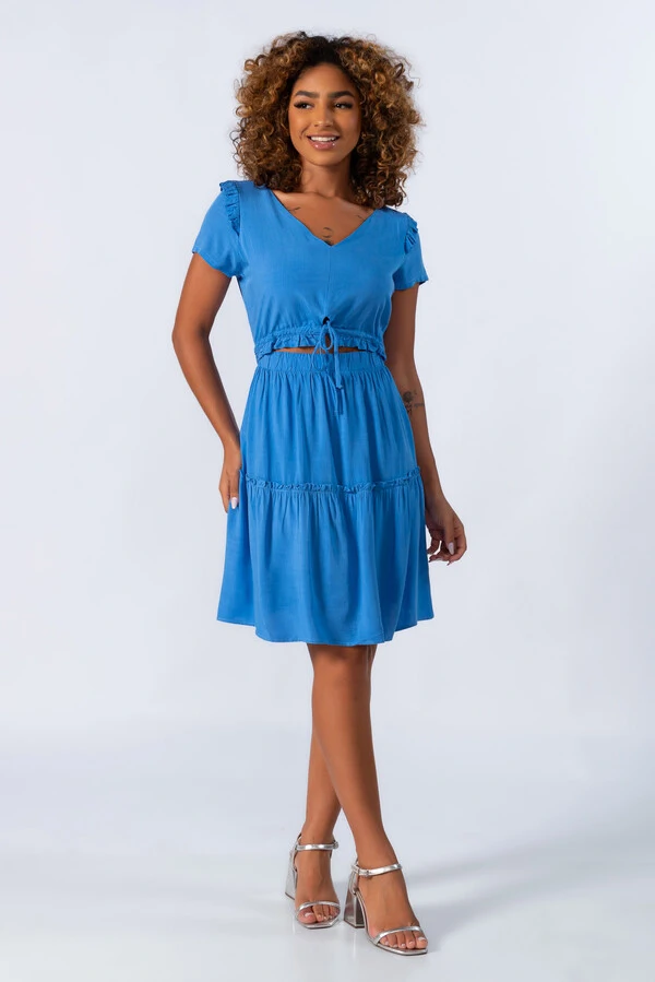 Vestido em viscose com babados e ziper