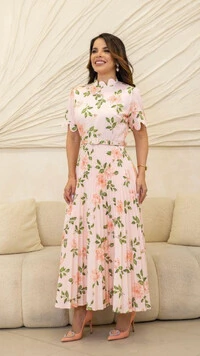 Vestido Midi Floral Jurema Plissado com Gola Scalop