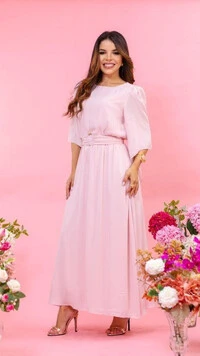 Vestido Longo Manga Fluida Ilana Cinto Faixa Gola Fechada