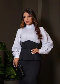 Blusa Ramira em Tricoline com Corset Peplum Bege