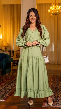Vestido Max Midi Madson em Viscose Sarjada com Cinto Verde