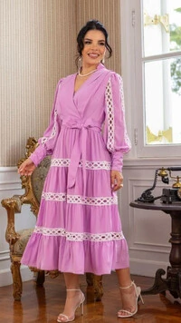 Vestido Midi Lilás Benta Crepe Decote V Saia Marias