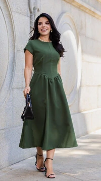 Vestido Midi Verde Alfaiataria Lumena Recorte na Cintura