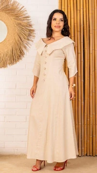 Vestido Longo Linho Zaya Gola Ampla Botões Dourados