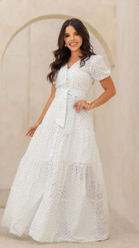 Vestido Longo Azul Geométrico Raika Algodão Três Marias