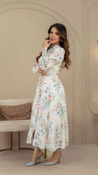 Vestido Midi Estampado Nazaré com Cinto e Botões Pérola
