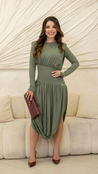 Vestido Midi Poliamida Camélia Drapeado Assimétrico