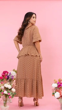 Vestido Longo Marrom Isabela Crepe Uraguiri Textura Poá