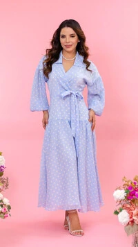 Vestido Midi Azul Poá Marina Crepe Estilo Envelope