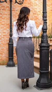 Saia Max Midi Tamy em Alfaiataria Listrada com Fenda