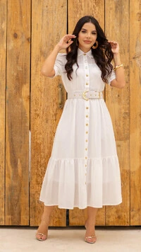 Vestido Midi Branco Chemise Cintia Crepe Vichy com Cinto