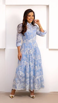 Vestido Longo Greice em Liocel com Bordado Floral