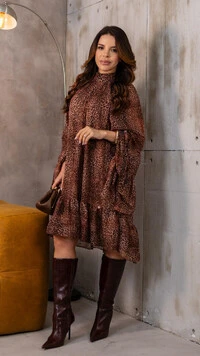 Vestido Curto Animal Print Roxy em Crepe Manga Bufante