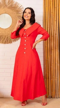 Vestido Longo Linho Zaya Gola Ampla Botões Dourados