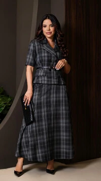 Conjunto Alfaiataria Xadrez Gaya com Saia Midi Chumbo