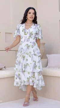 Vestido Midi Estampado Clara Crepe Gola V Barra Mullet