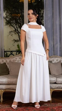 Vestido Longo Branco Rosaura Bruges Corte Assimétrico