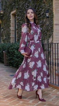 Vestido Longo Floral Plissado Marciele com Cinto Laço