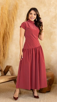 Vestido Longo Suede Zenaide Gola Alta Manga Tulipa