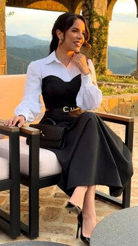 Vestido Midi Preto e Branco Alfaiataria Brena Sobreposto