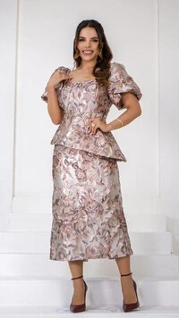 Vestido Midi Rosa Jacquard Audrey Floral com Peplum