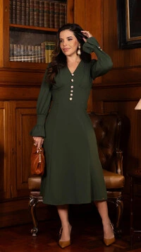 Vestido Midi Miriane em Malha Alfaiataria com Botões Verde