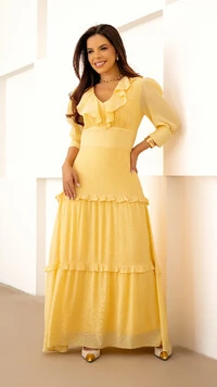 Vestido Longo Conny em Viscose com Babados
