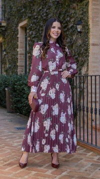 Vestido Longo Floral Plissado Marciele com Cinto Laço