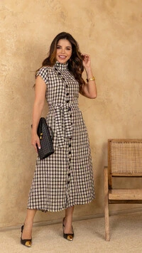 Vestido Midi Preto Viscose Djanira Botões Assimétricos