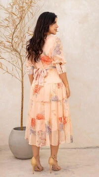 Vestido Midi Floral Cicera Crepe Chiffon Decote V