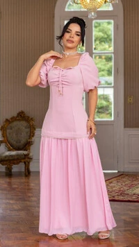 Vestido Longo Tonya Mangas Princesa com Amarração no Busto