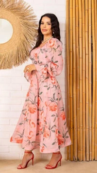 Vestido Midi Rosa Floral Siena Crepe Decote Quadrado