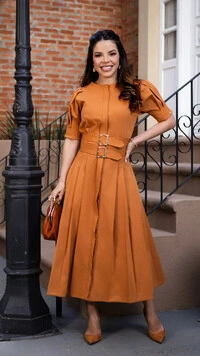Vestido Midi Oriana em Sarja Tecnológica Canela
