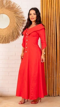 Vestido Longo Linho Zaya Gola Ampla Botões Dourados