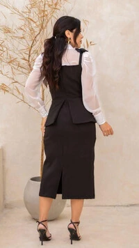 Vestido Midi Preto Alfaiataria Kethley Saia Lápis Alças