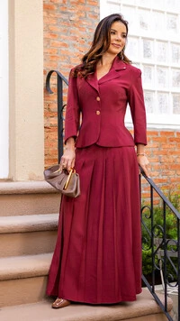 Conjunto Saia Malu em Alfaiataria Marrant com Blazer e Saia Max Midi Marsala