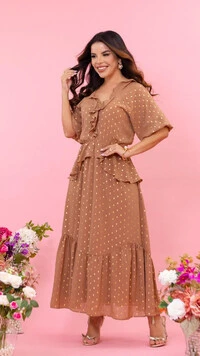 Vestido Longo Marrom Isabela Crepe Uraguiri Textura Poá