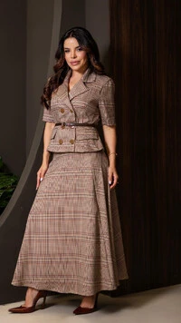 Conjunto Alfaiataria Xadrez Gaya com Saia Midi Marrom